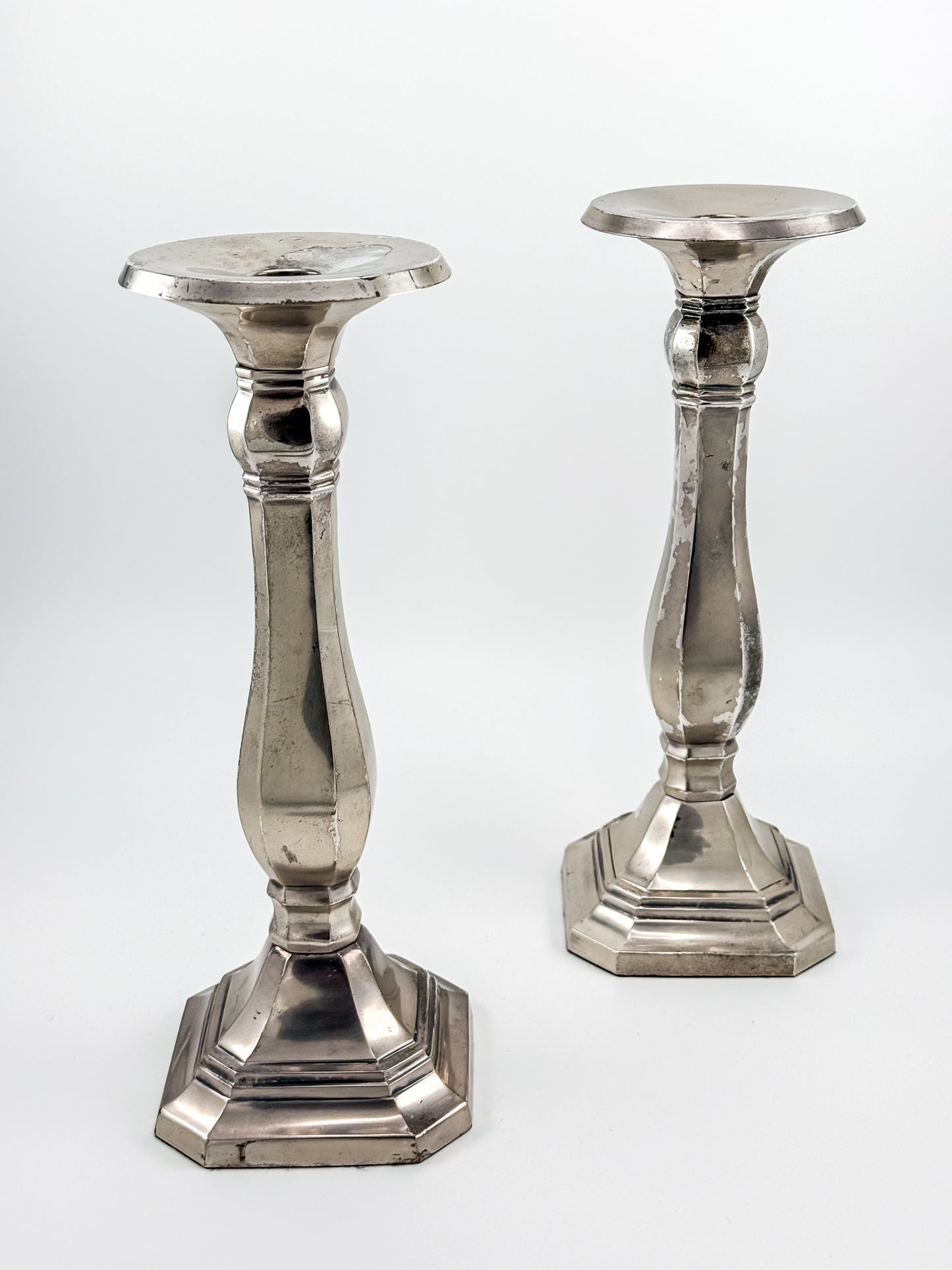 Pottery Barn Discontinued Large Silverplate Candlestick Holders, Octagonal Baluster Taper Candle Holders, Pair
