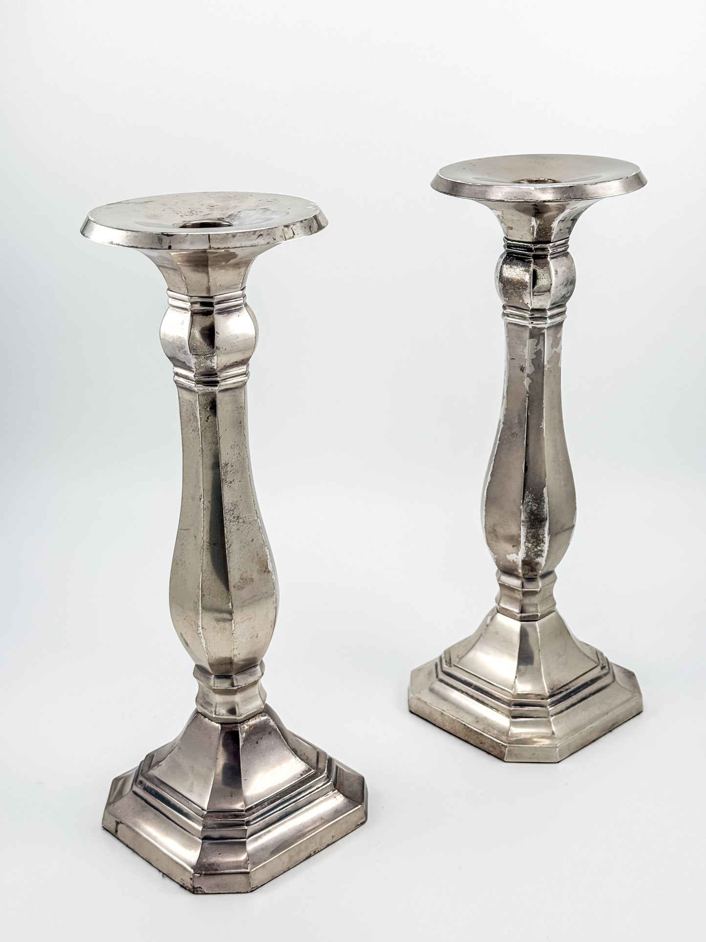 Pottery Barn Discontinued Large Silverplate Candlestick Holders, Octagonal Baluster Taper Candle Holders, Pair