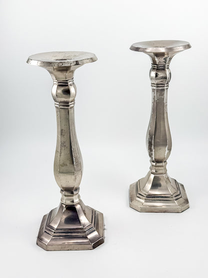 Pottery Barn Discontinued Large Silverplate Candlestick Holders, Octagonal Baluster Taper Candle Holders, Pair