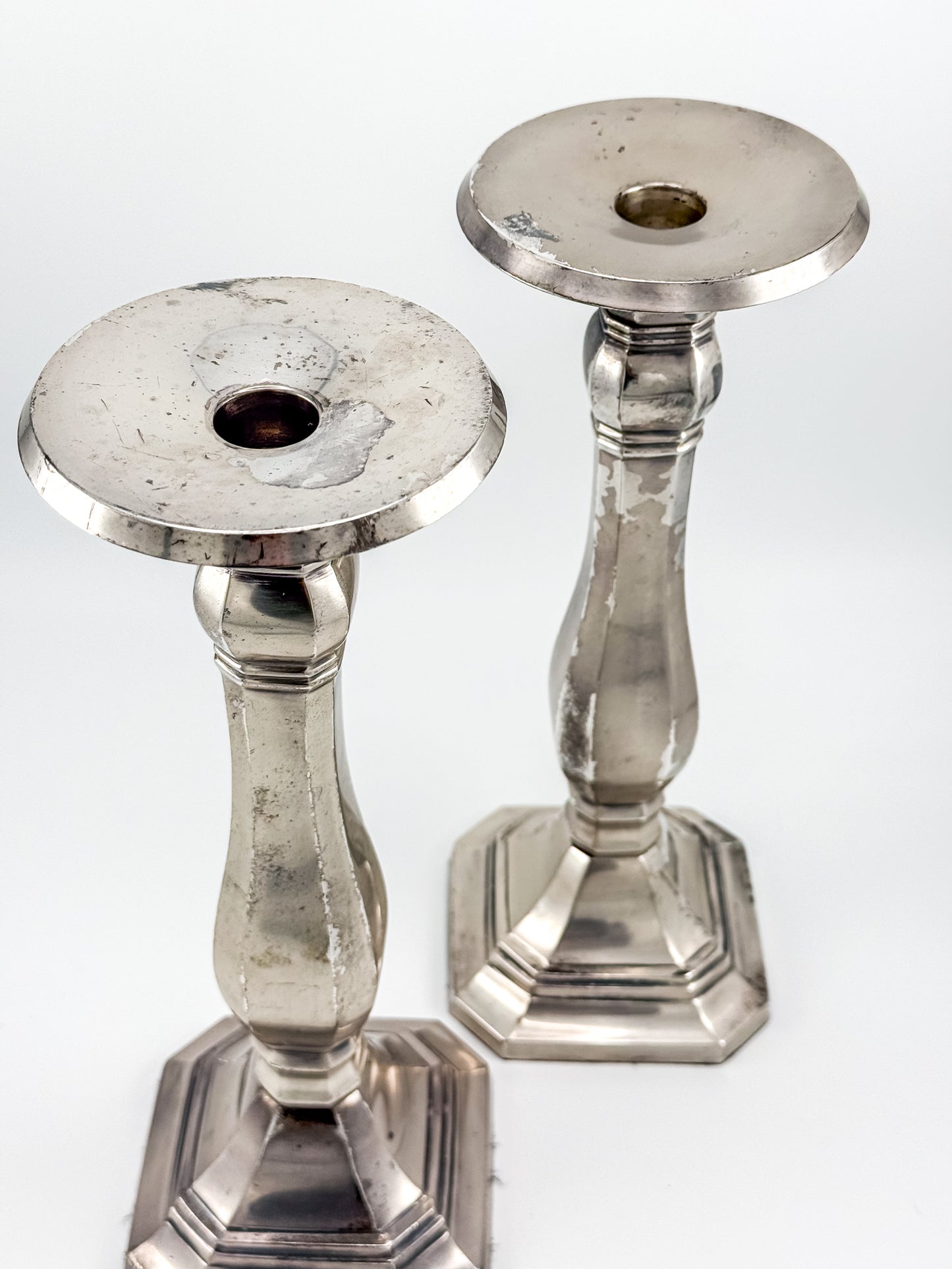 Pottery Barn Discontinued Large Silverplate Candlestick Holders, Octagonal Baluster Taper Candle Holders, Pair