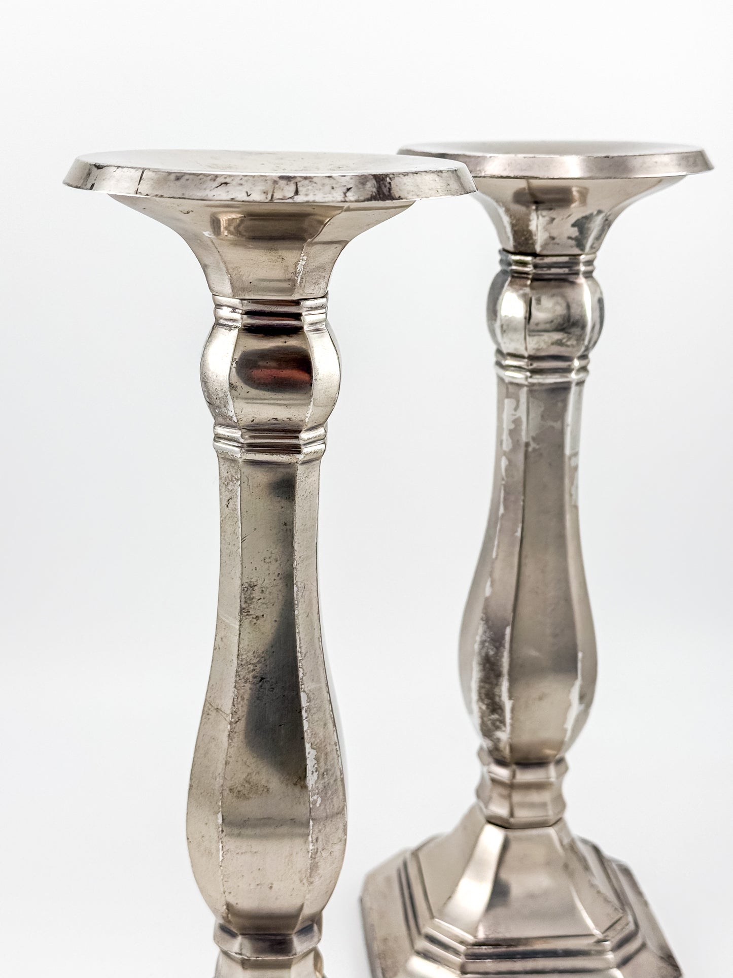 Pottery Barn Discontinued Large Silverplate Candlestick Holders, Octagonal Baluster Taper Candle Holders, Pair