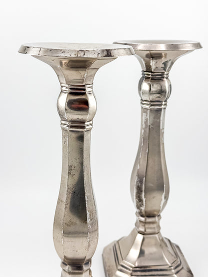 Pottery Barn Discontinued Large Silverplate Candlestick Holders, Octagonal Baluster Taper Candle Holders, Pair