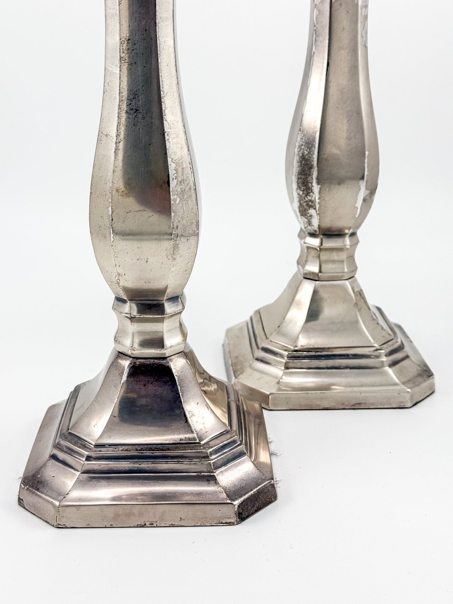 Pottery Barn Discontinued Large Silverplate Candlestick Holders, Octagonal Baluster Taper Candle Holders, Pair