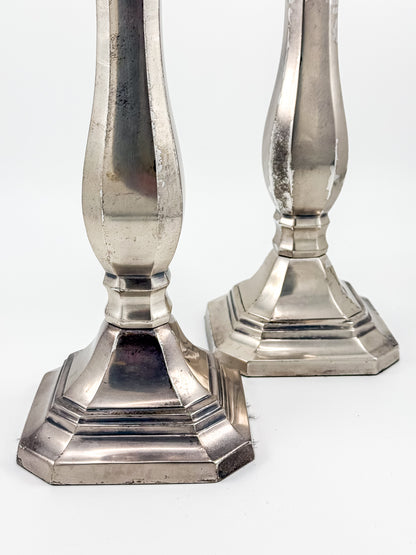 Pottery Barn Discontinued Large Silverplate Candlestick Holders, Octagonal Baluster Taper Candle Holders, Pair