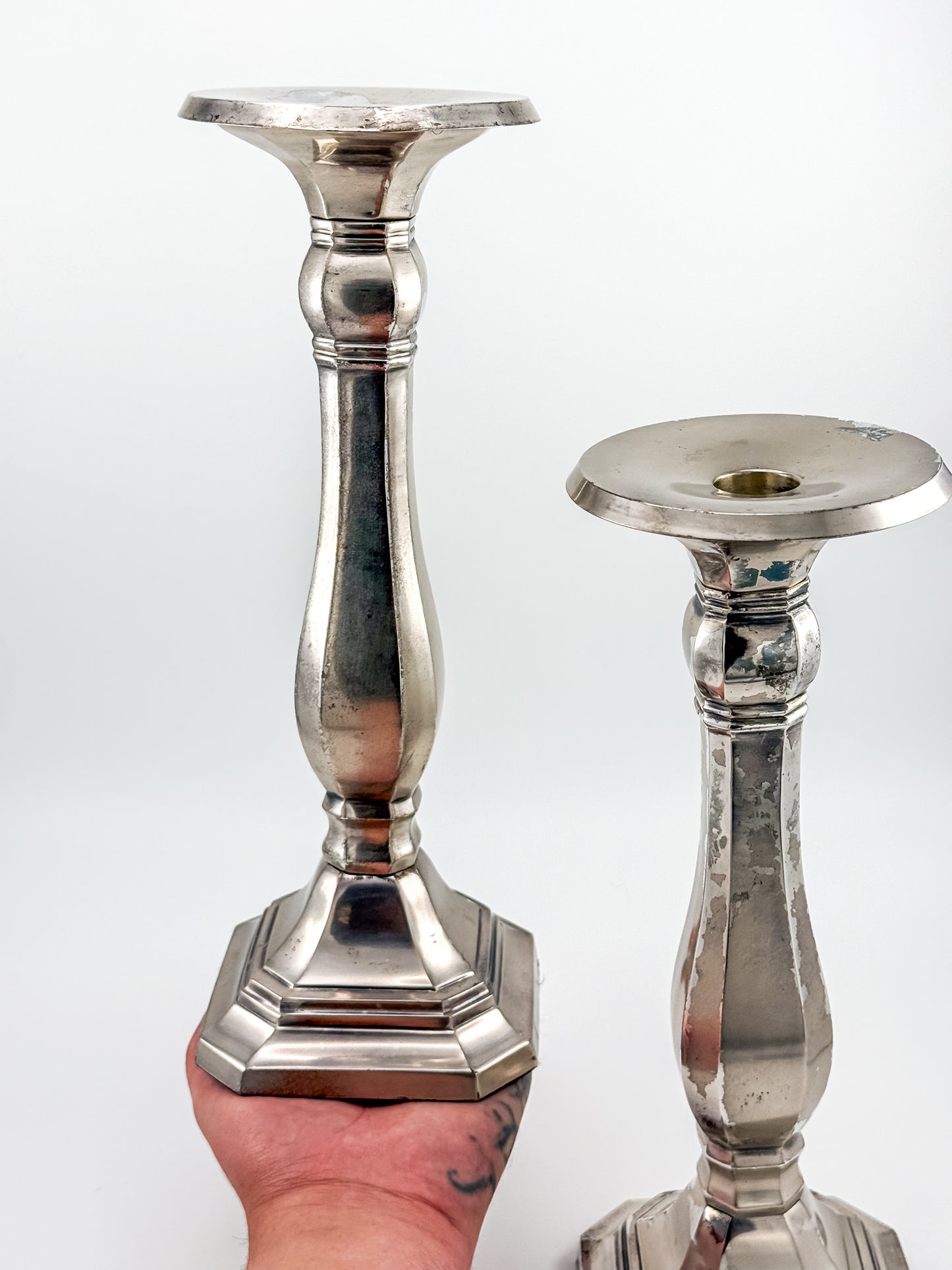 Pottery Barn Discontinued Large Silverplate Candlestick Holders, Octagonal Baluster Taper Candle Holders, Pair
