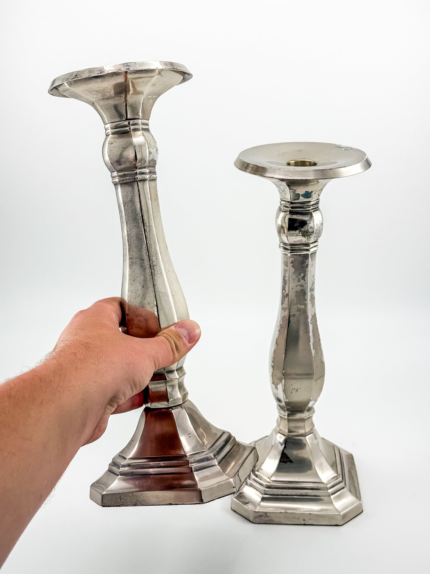 Pottery Barn Discontinued Large Silverplate Candlestick Holders, Octagonal Baluster Taper Candle Holders, Pair