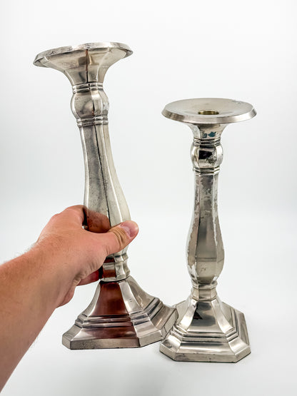 Pottery Barn Discontinued Large Silverplate Candlestick Holders, Octagonal Baluster Taper Candle Holders, Pair
