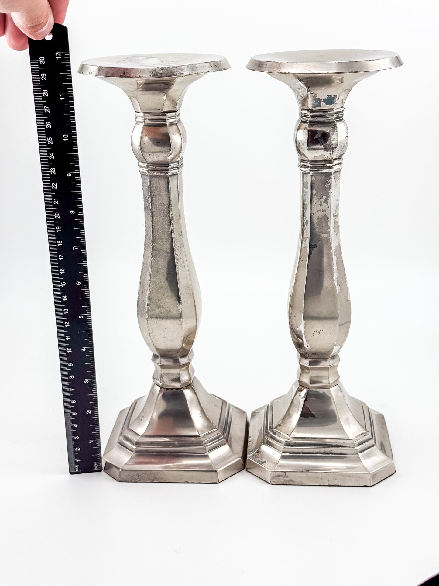 Pottery Barn Discontinued Large Silverplate Candlestick Holders, Octagonal Baluster Taper Candle Holders, Pair