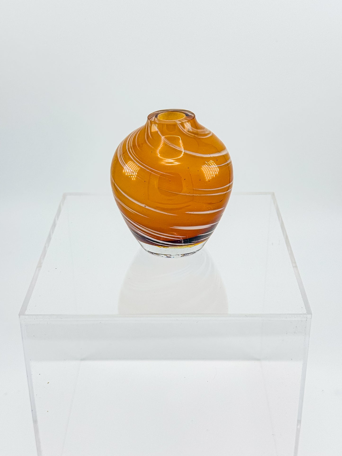 Vintage Honey Swirl Art Glass Small Hand Blown Bud Vase, White Threaded Swirl on Honey Globe Vase