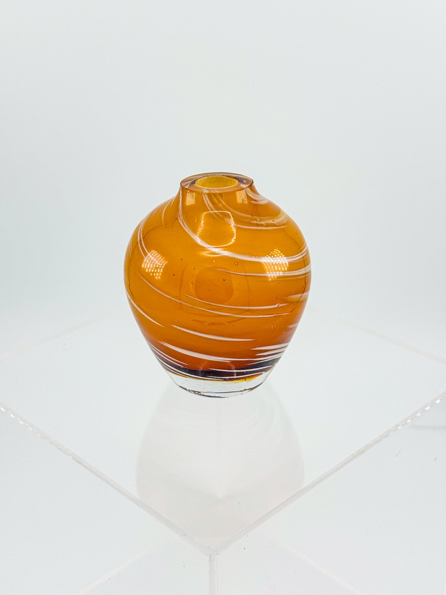Vintage Honey Swirl Art Glass Small Hand Blown Bud Vase, White Threaded Swirl on Honey Globe Vase