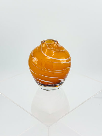 Vintage Honey Swirl Art Glass Small Hand Blown Bud Vase, White Threaded Swirl on Honey Globe Vase