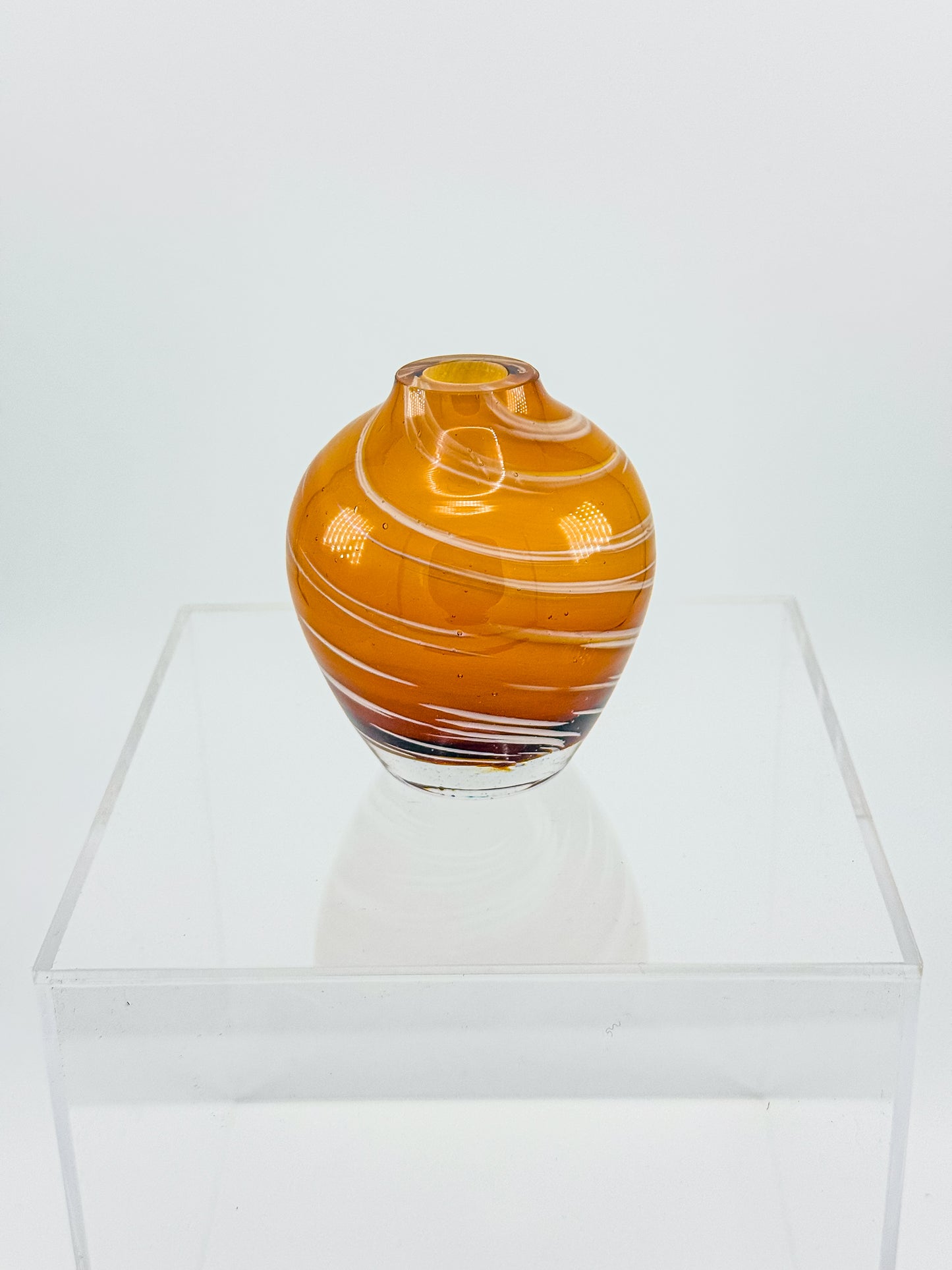 Vintage Honey Swirl Art Glass Small Hand Blown Bud Vase, White Threaded Swirl on Honey Globe Vase