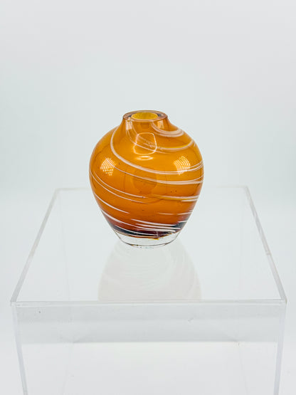 Vintage Honey Swirl Art Glass Small Hand Blown Bud Vase, White Threaded Swirl on Honey Globe Vase