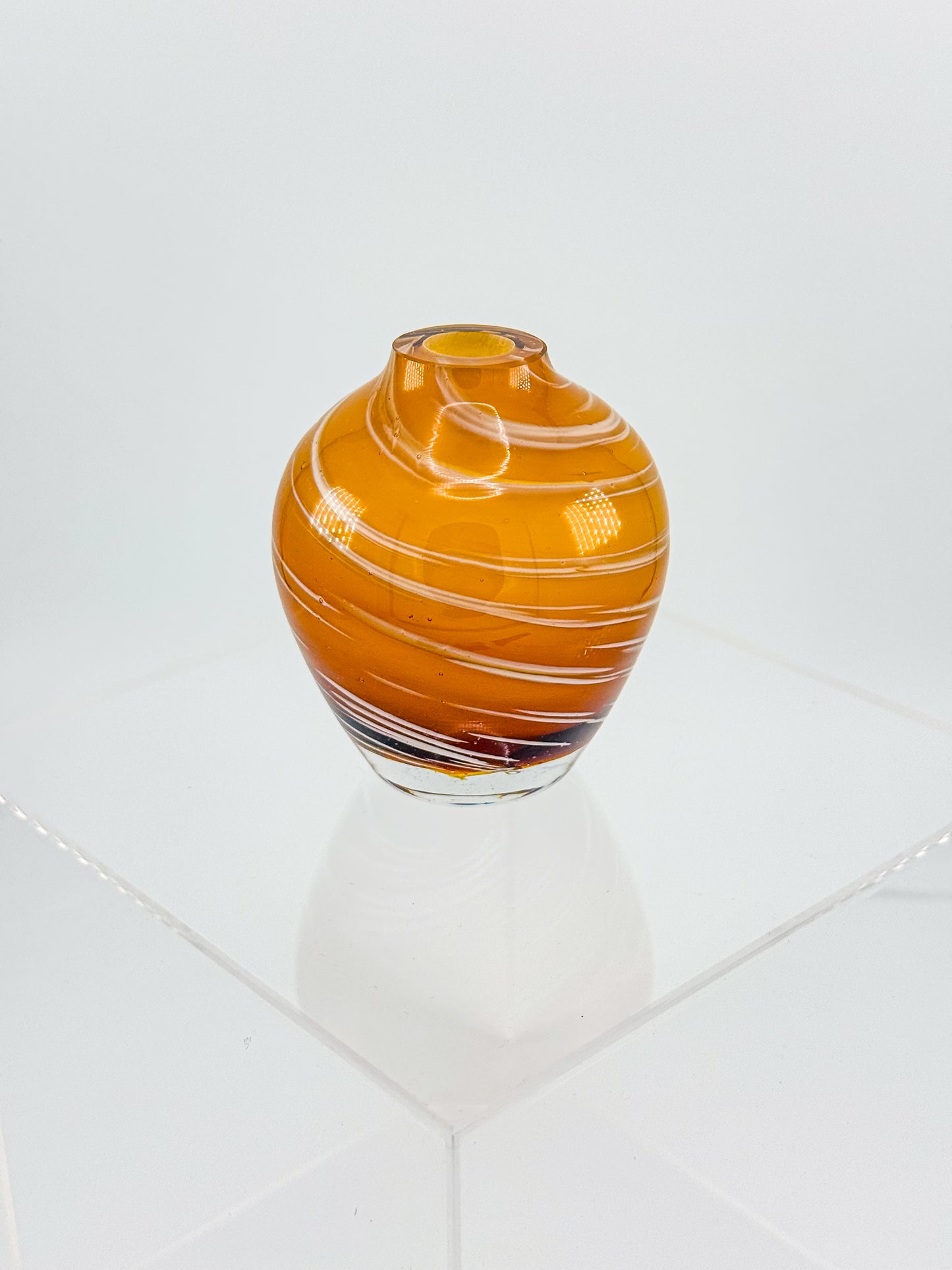 Vintage Honey Swirl Art Glass Small Hand Blown Bud Vase, White Threaded Swirl on Honey Globe Vase