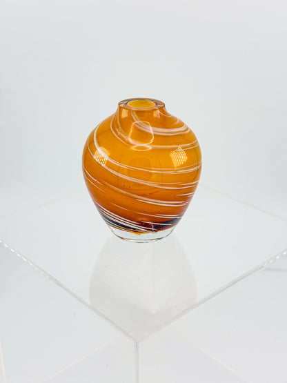 Vintage Honey Swirl Art Glass Small Hand Blown Bud Vase, White Threaded Swirl on Honey Globe Vase