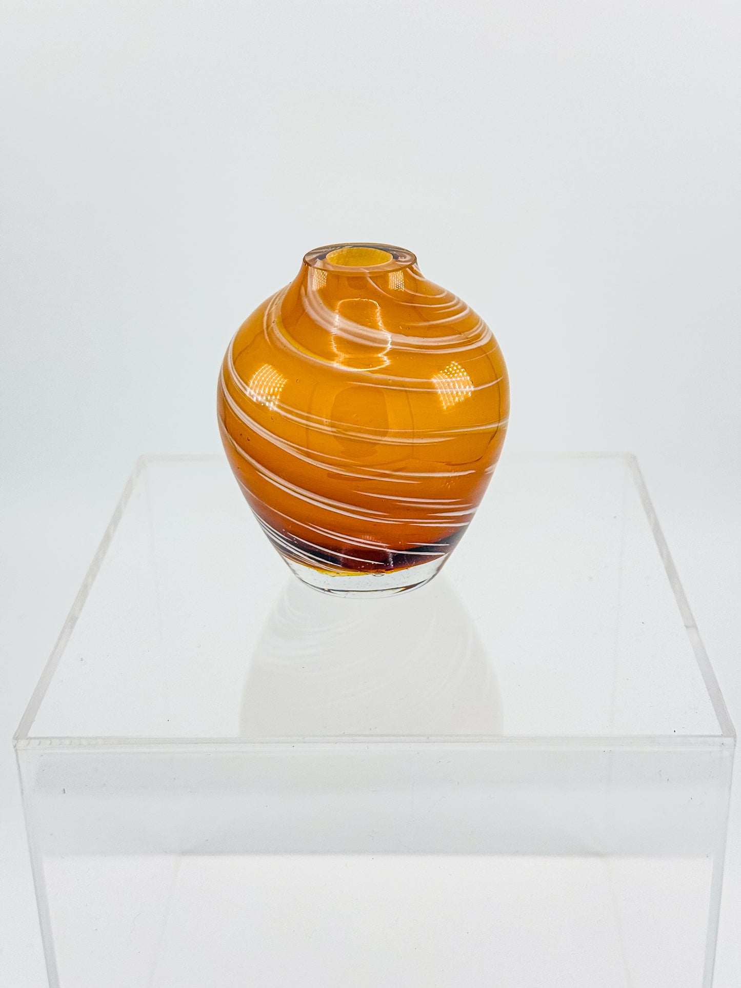 Vintage Honey Swirl Art Glass Small Hand Blown Bud Vase, White Threaded Swirl on Honey Globe Vase