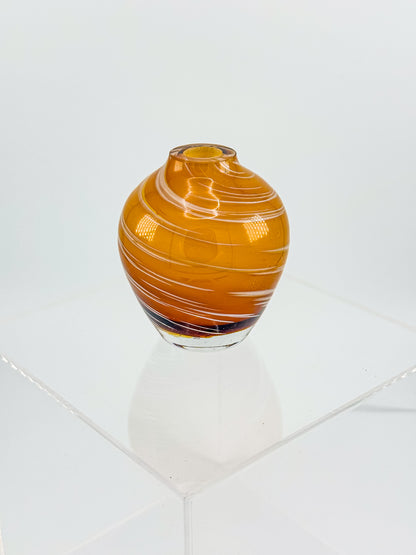 Vintage Honey Swirl Art Glass Small Hand Blown Bud Vase, White Threaded Swirl on Honey Globe Vase