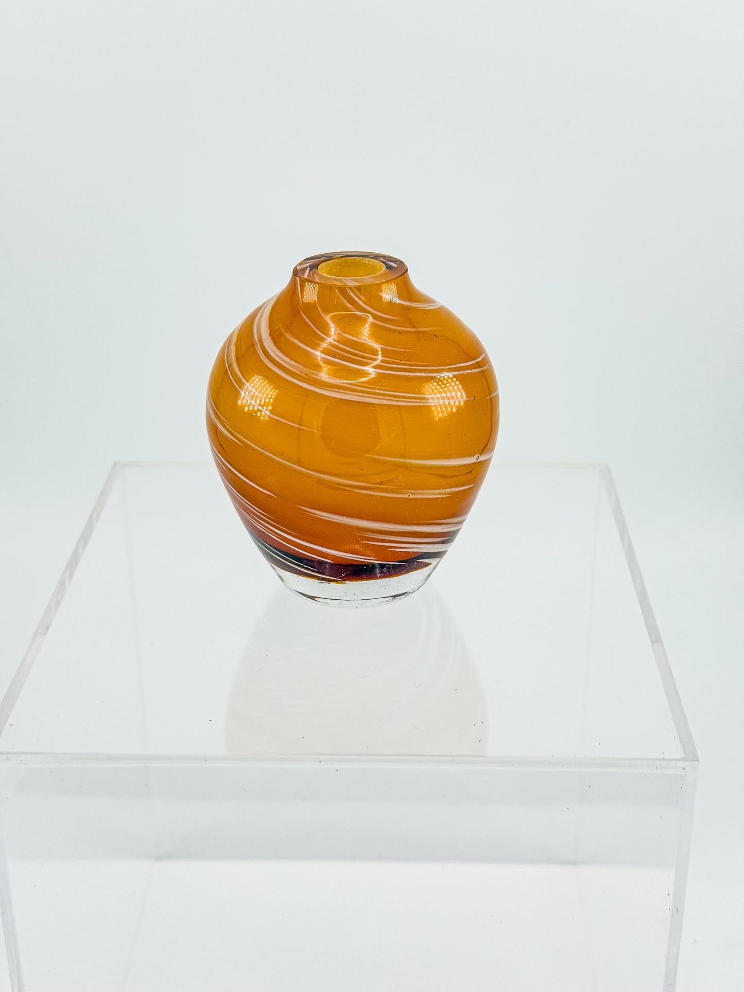 Vintage Honey Swirl Art Glass Small Hand Blown Bud Vase, White Threaded Swirl on Honey Globe Vase