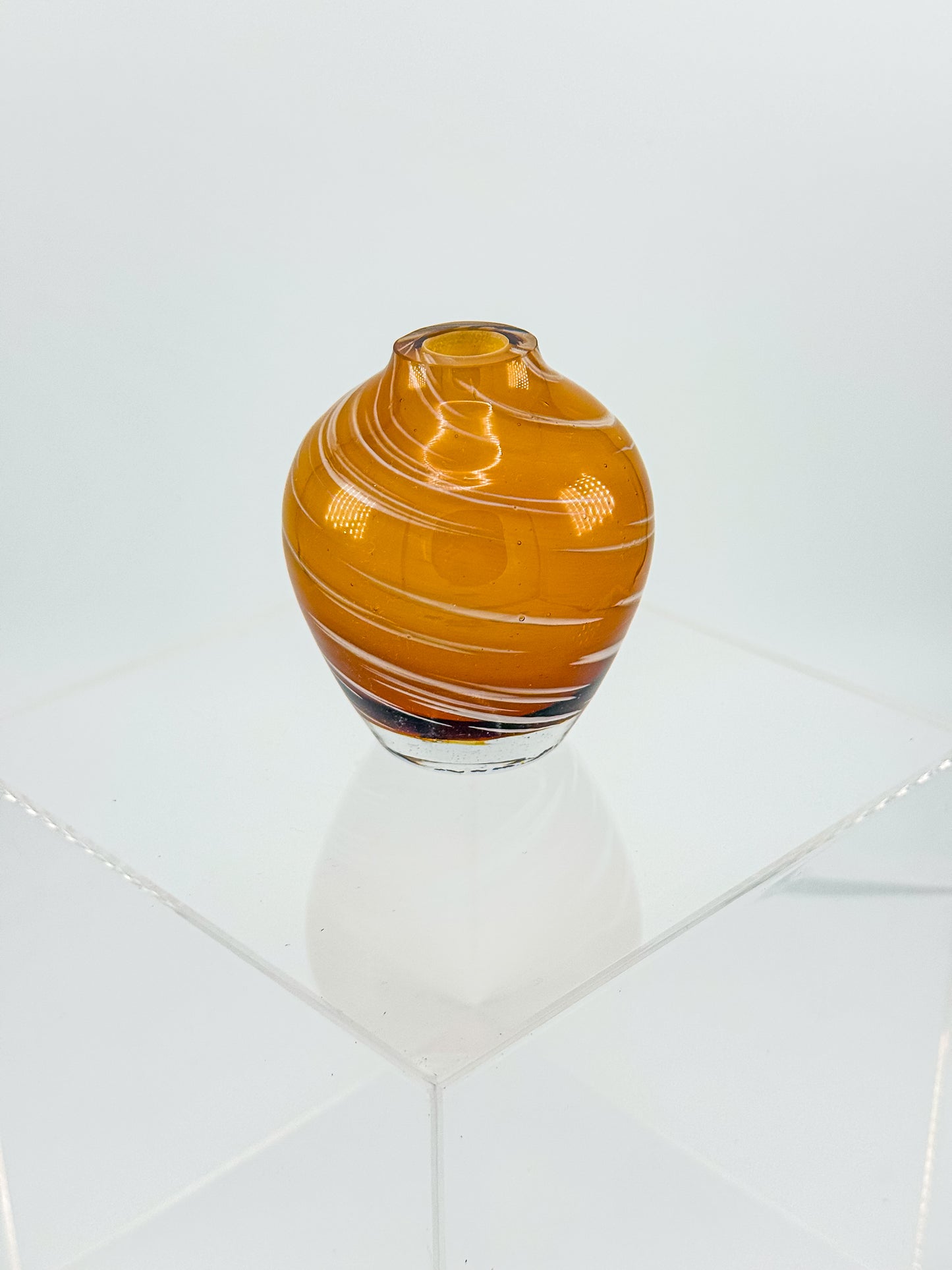 Vintage Honey Swirl Art Glass Small Hand Blown Bud Vase, White Threaded Swirl on Honey Globe Vase