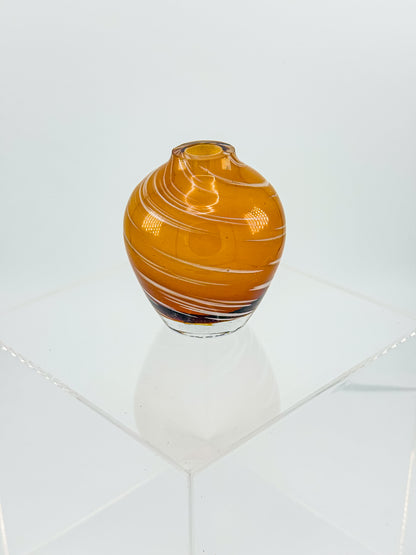 Vintage Honey Swirl Art Glass Small Hand Blown Bud Vase, White Threaded Swirl on Honey Globe Vase