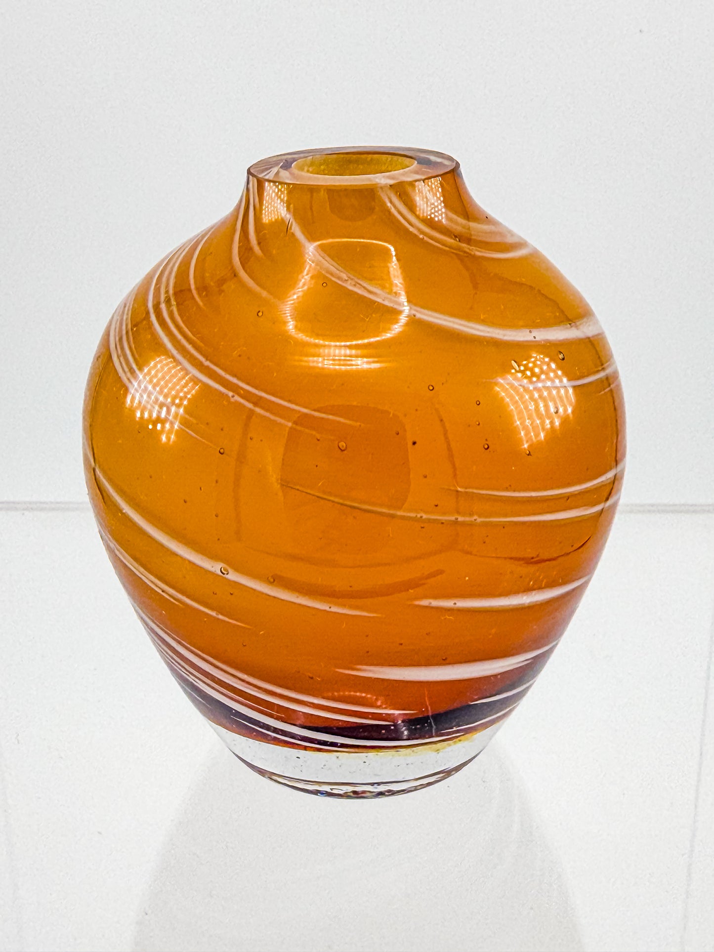 Vintage Honey Swirl Art Glass Small Hand Blown Bud Vase, White Threaded Swirl on Honey Globe Vase