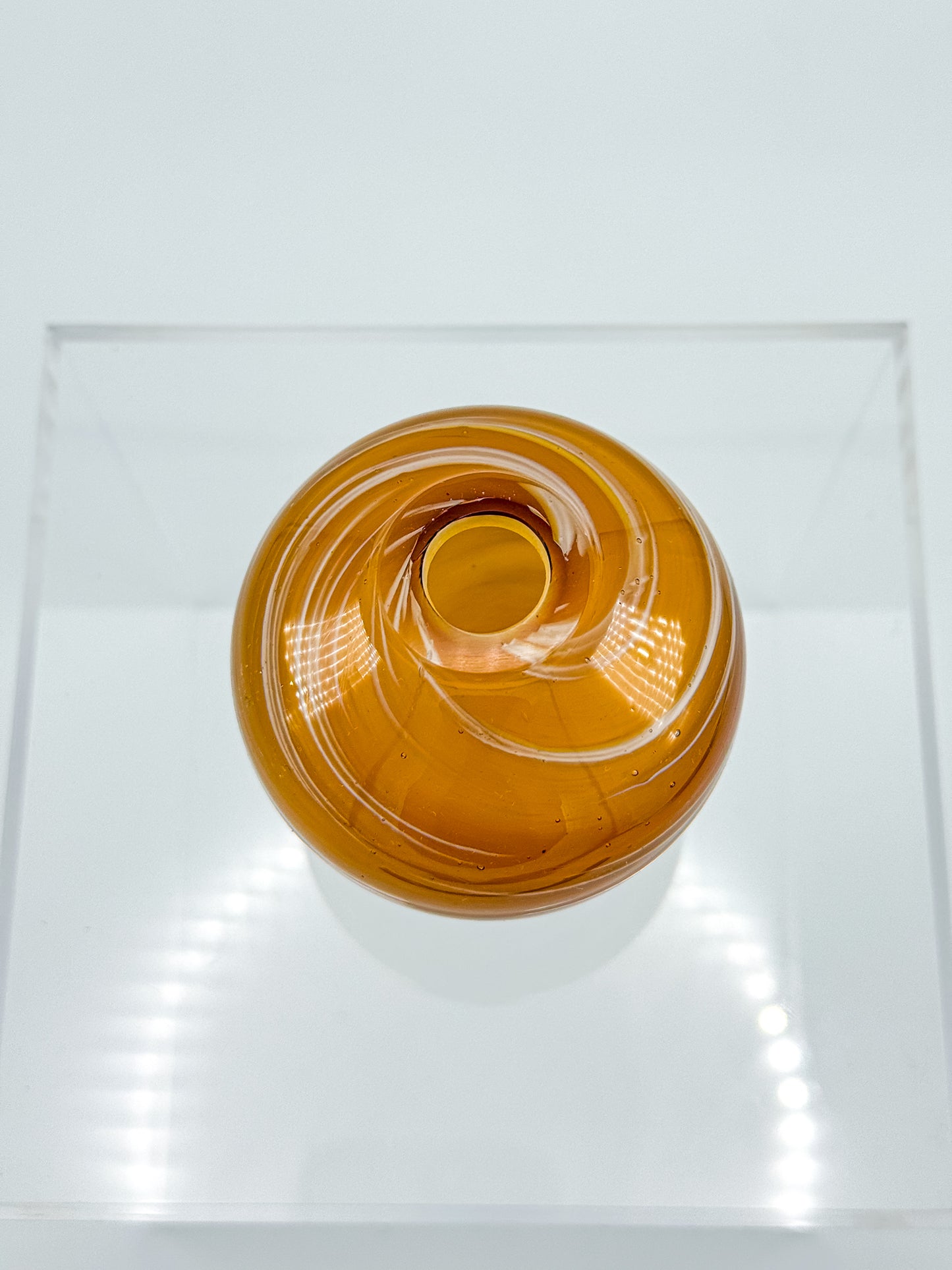 Vintage Honey Swirl Art Glass Small Hand Blown Bud Vase, White Threaded Swirl on Honey Globe Vase