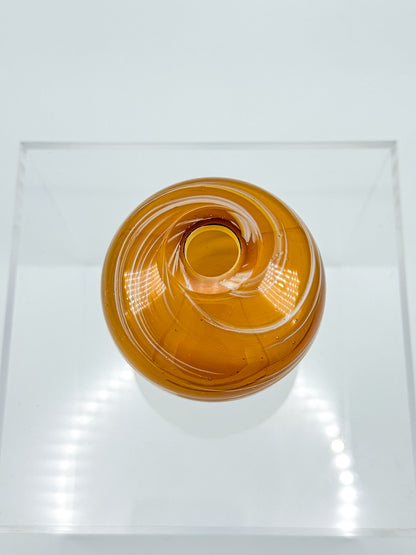 Vintage Honey Swirl Art Glass Small Hand Blown Bud Vase, White Threaded Swirl on Honey Globe Vase