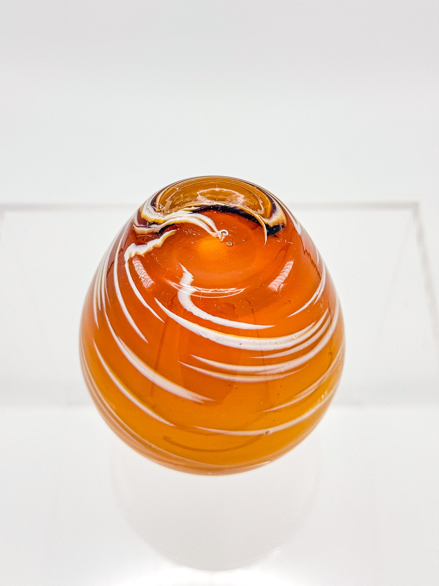 Vintage Honey Swirl Art Glass Small Hand Blown Bud Vase, White Threaded Swirl on Honey Globe Vase