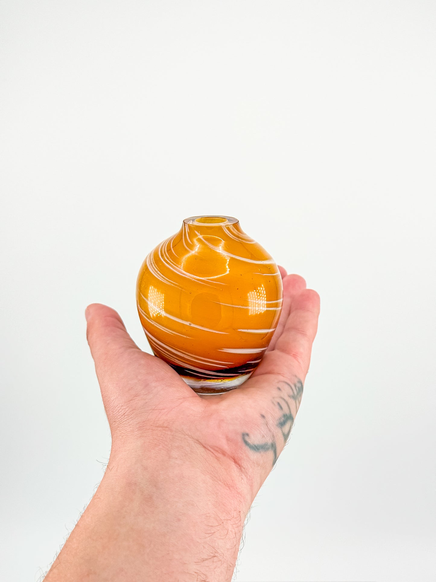 Vintage Honey Swirl Art Glass Small Hand Blown Bud Vase, White Threaded Swirl on Honey Globe Vase
