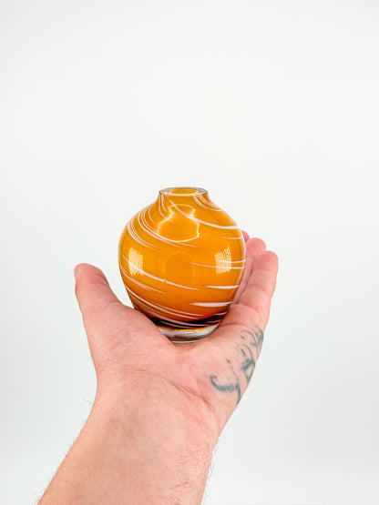 Vintage Honey Swirl Art Glass Small Hand Blown Bud Vase, White Threaded Swirl on Honey Globe Vase