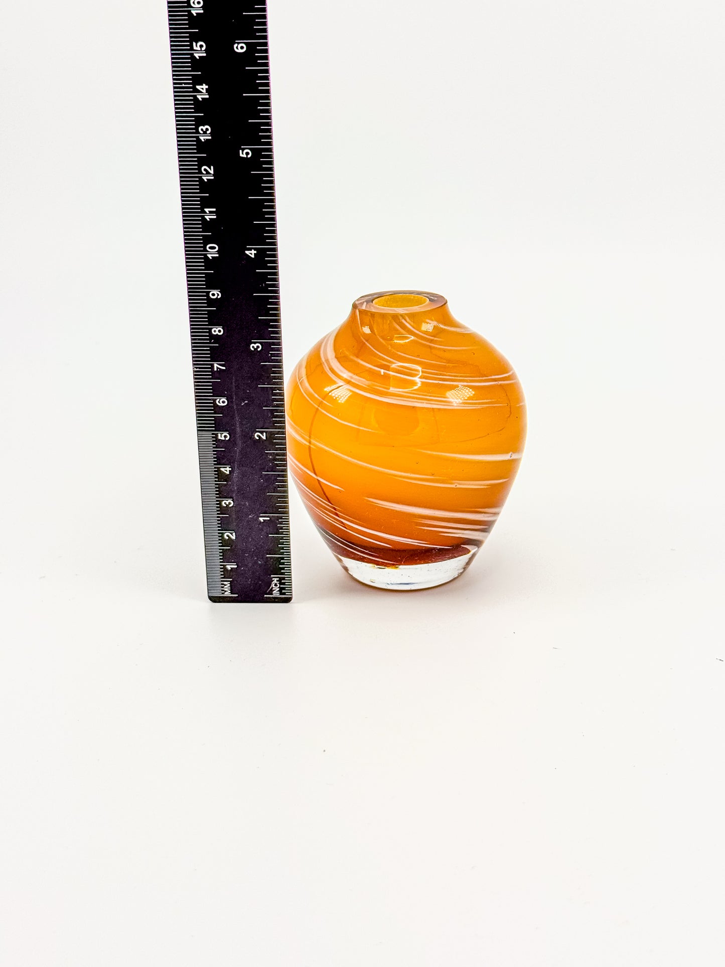 Vintage Honey Swirl Art Glass Small Hand Blown Bud Vase, White Threaded Swirl on Honey Globe Vase