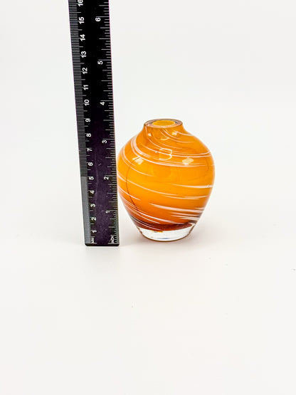 Vintage Honey Swirl Art Glass Small Hand Blown Bud Vase, White Threaded Swirl on Honey Globe Vase