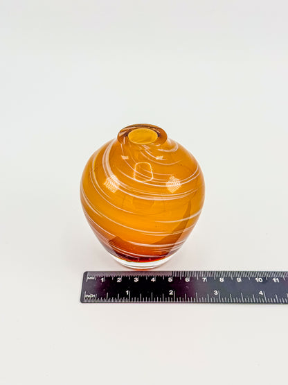 Vintage Honey Swirl Art Glass Small Hand Blown Bud Vase, White Threaded Swirl on Honey Globe Vase