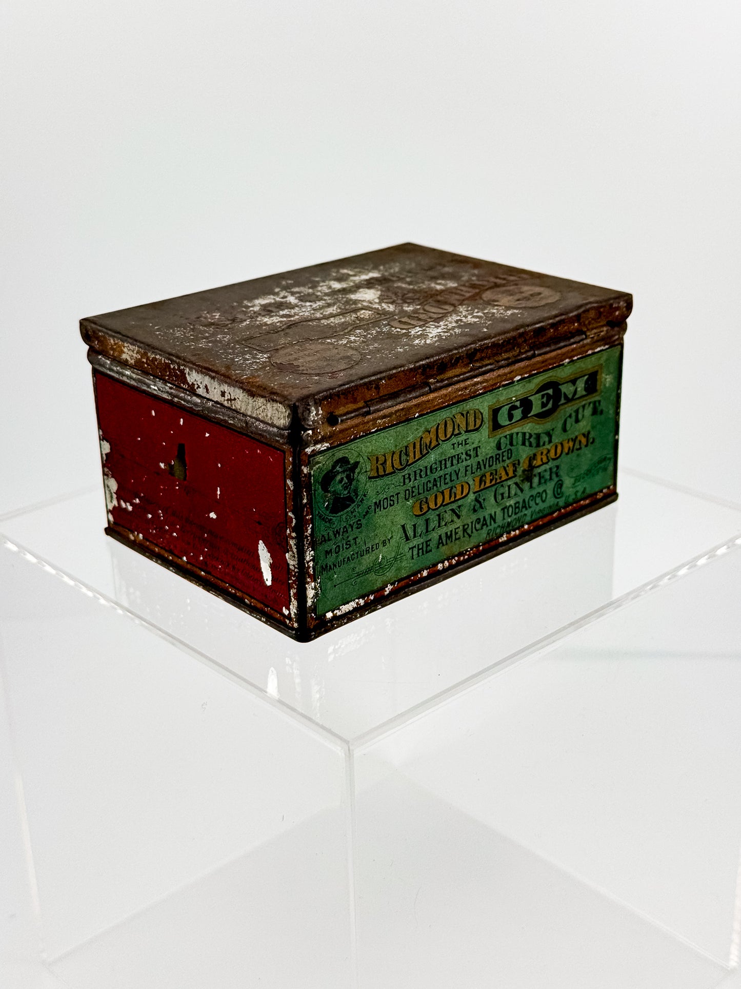 Antique Richmond Gem Curly Cut Tobacco Advertising Tin, Allen & Ginter American Tobacco Co., Empty Hinged Lid Tin