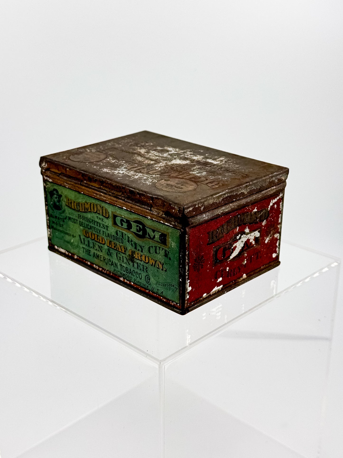 Antique Richmond Gem Curly Cut Tobacco Advertising Tin, Allen & Ginter American Tobacco Co., Empty Hinged Lid Tin