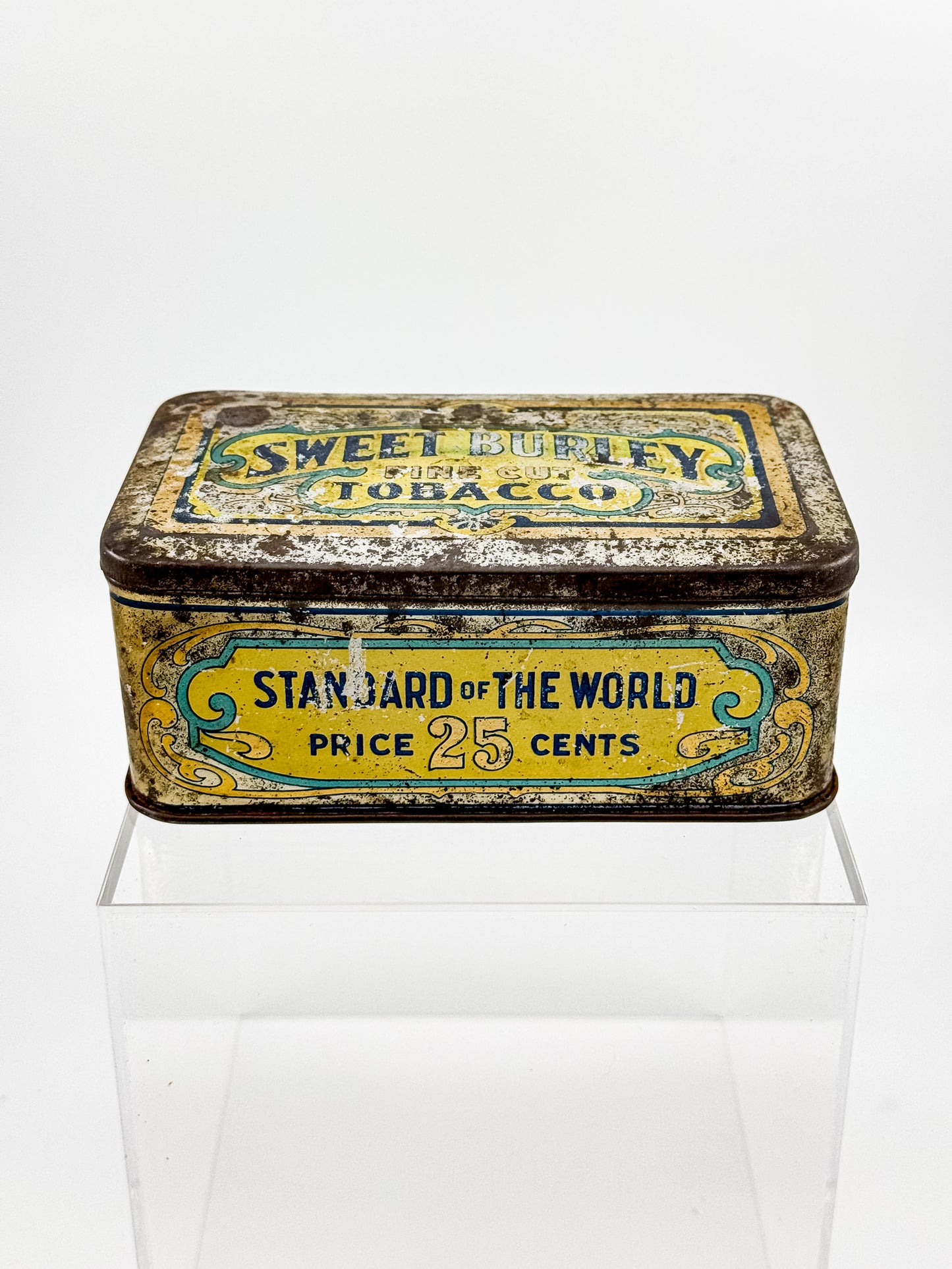 Antique Sweet Burley Fine Cut Tobacco Tin, Standard of the World 25 Cents, Vintage Advertising Hinged Lid Tin
