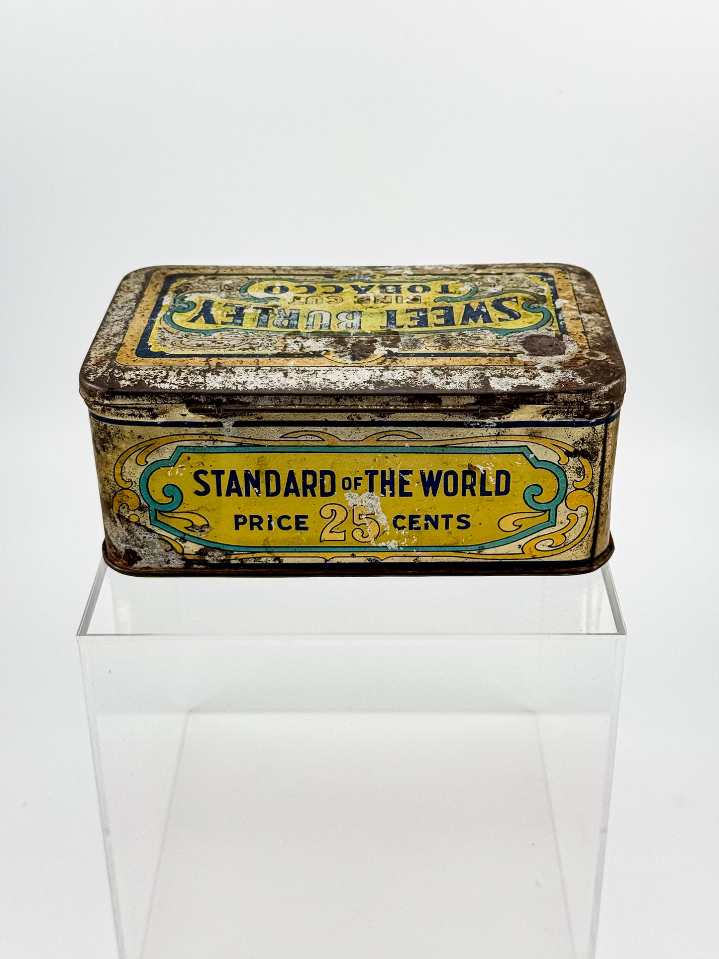 Antique Sweet Burley Fine Cut Tobacco Tin, Standard of the World 25 Cents, Vintage Advertising Hinged Lid Tin