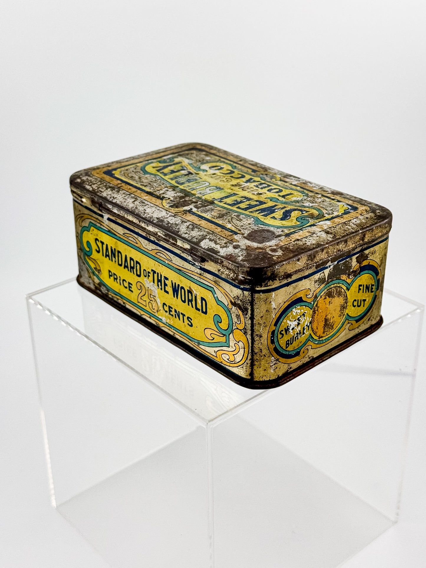 Antique Sweet Burley Fine Cut Tobacco Tin, Standard of the World 25 Cents, Vintage Advertising Hinged Lid Tin