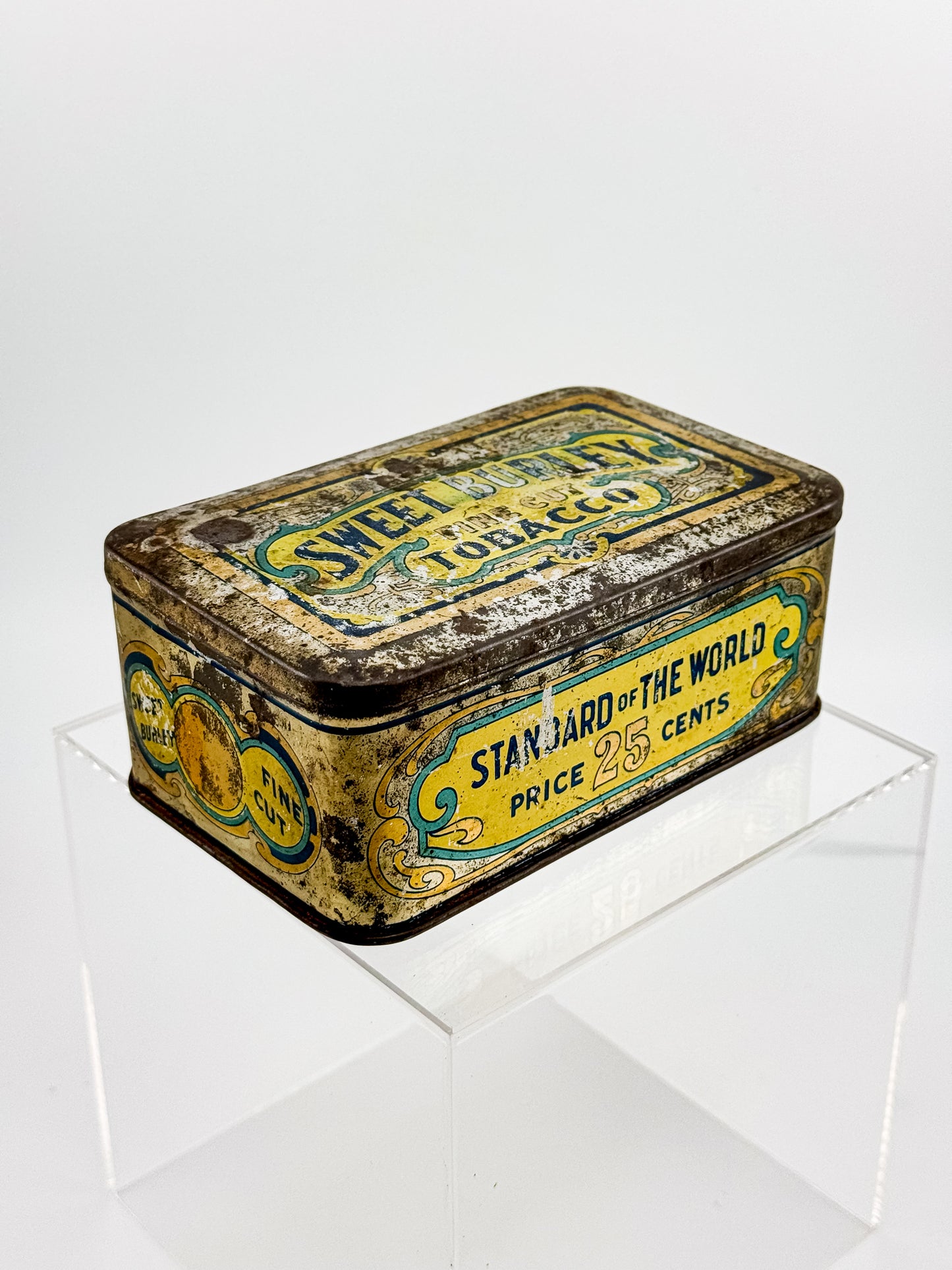 Antique Sweet Burley Fine Cut Tobacco Tin, Standard of the World 25 Cents, Vintage Advertising Hinged Lid Tin