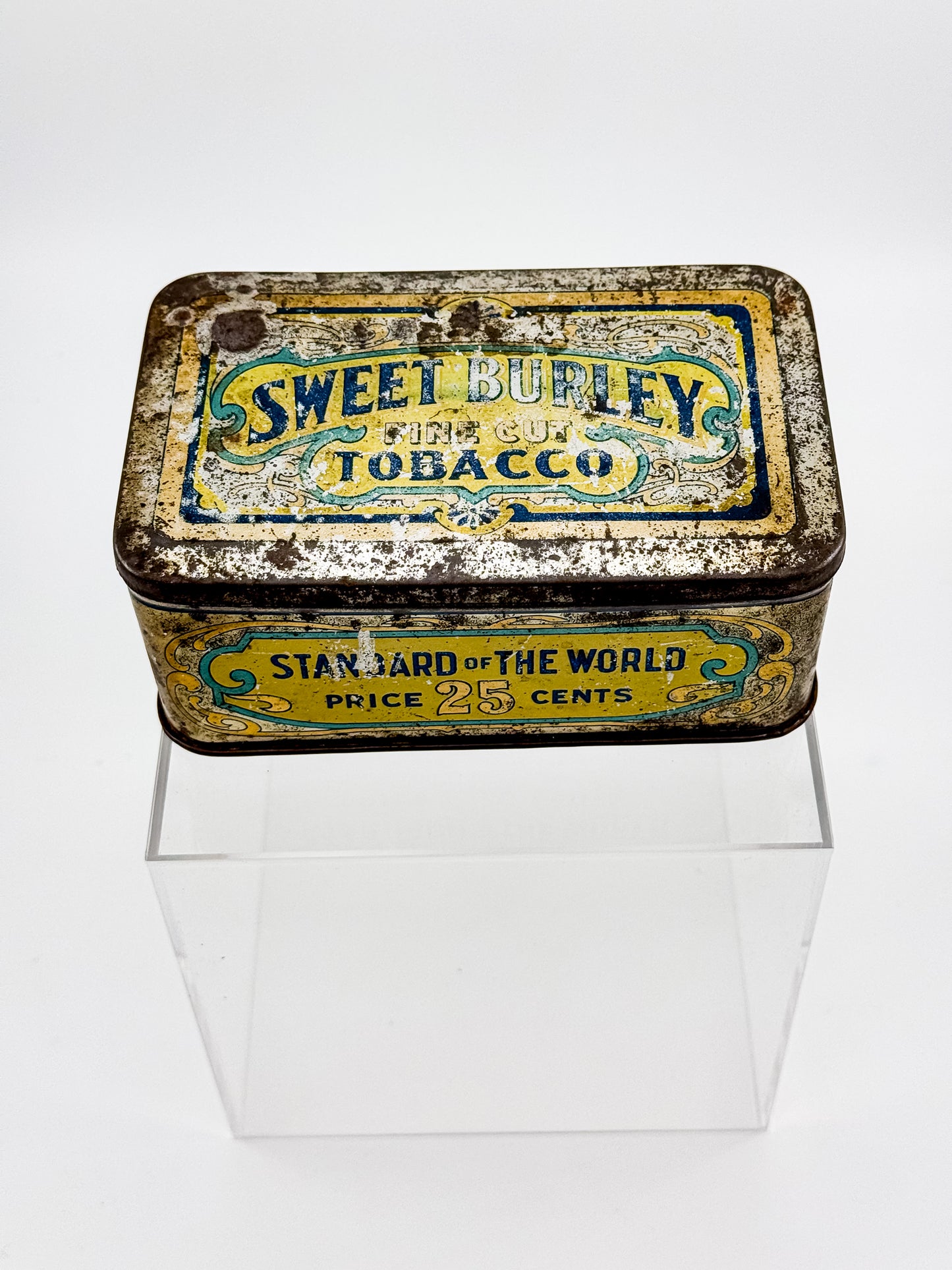 Antique Sweet Burley Fine Cut Tobacco Tin, Standard of the World 25 Cents, Vintage Advertising Hinged Lid Tin