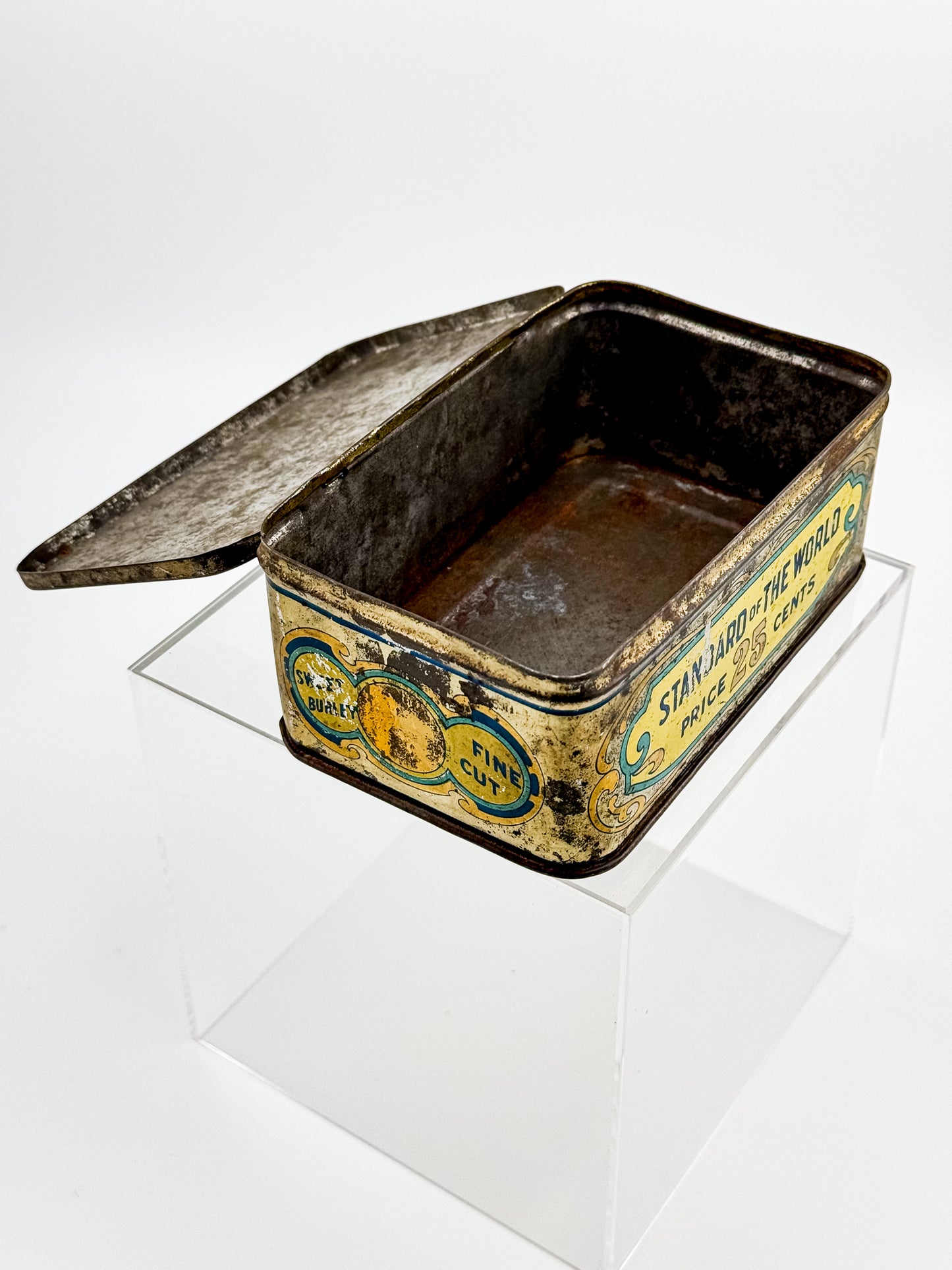 Antique Sweet Burley Fine Cut Tobacco Tin, Standard of the World 25 Cents, Vintage Advertising Hinged Lid Tin
