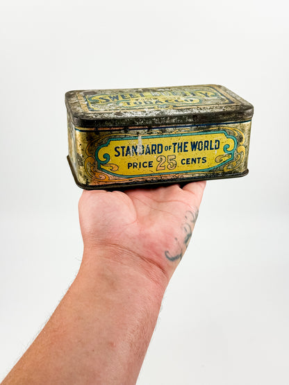 Antique Sweet Burley Fine Cut Tobacco Tin, Standard of the World 25 Cents, Vintage Advertising Hinged Lid Tin