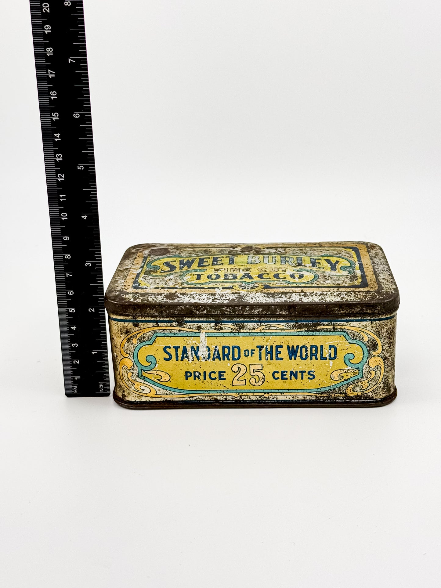 Antique Sweet Burley Fine Cut Tobacco Tin, Standard of the World 25 Cents, Vintage Advertising Hinged Lid Tin