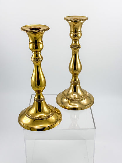 Vintage Heavy Brass Candlestick Holders with Rope Twist Detail, Baluster Stem Taper Candle Holders, Pair