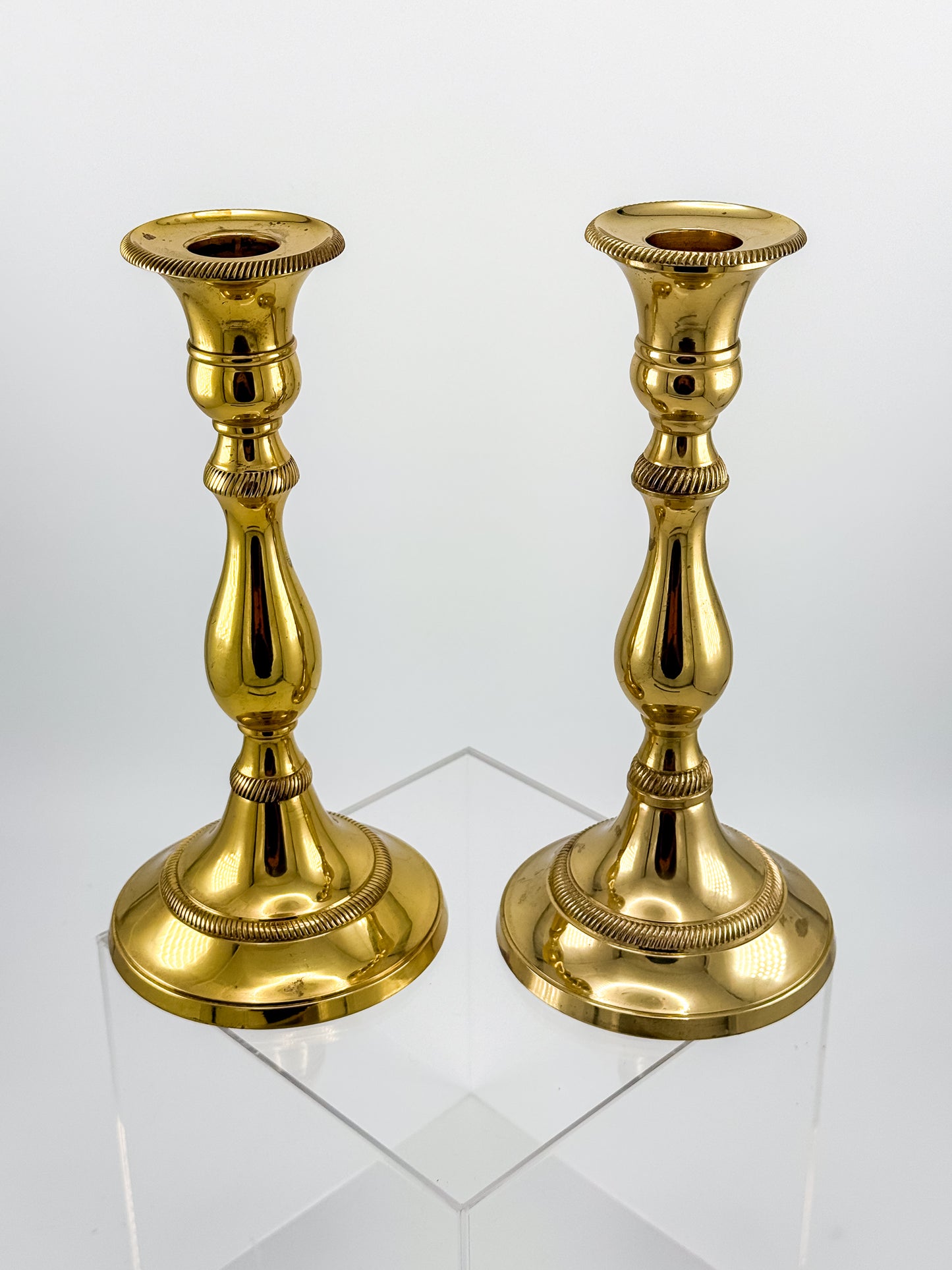 Vintage Heavy Brass Candlestick Holders with Rope Twist Detail, Baluster Stem Taper Candle Holders, Pair