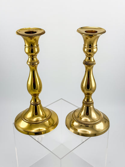 Vintage Heavy Brass Candlestick Holders with Rope Twist Detail, Baluster Stem Taper Candle Holders, Pair