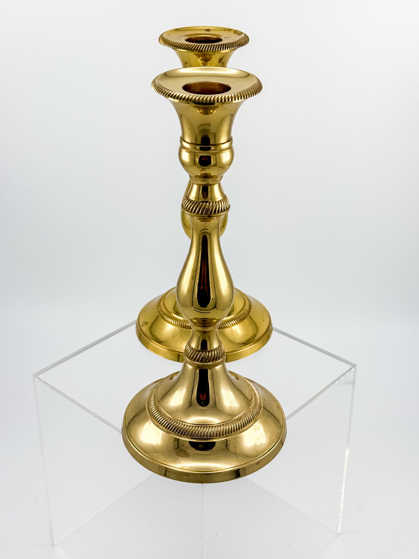 Vintage Heavy Brass Candlestick Holders with Rope Twist Detail, Baluster Stem Taper Candle Holders, Pair