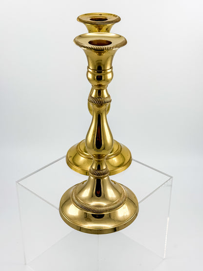 Vintage Heavy Brass Candlestick Holders with Rope Twist Detail, Baluster Stem Taper Candle Holders, Pair