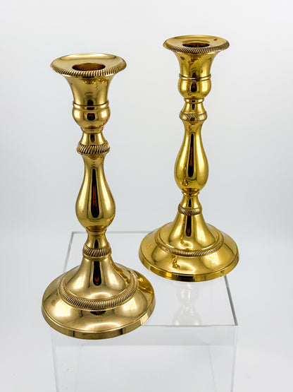 Vintage Heavy Brass Candlestick Holders with Rope Twist Detail, Baluster Stem Taper Candle Holders, Pair