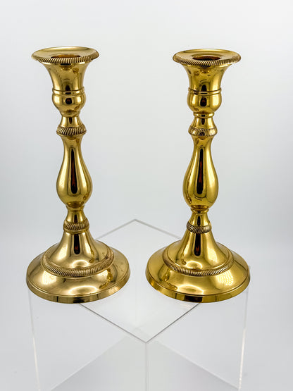 Vintage Heavy Brass Candlestick Holders with Rope Twist Detail, Baluster Stem Taper Candle Holders, Pair